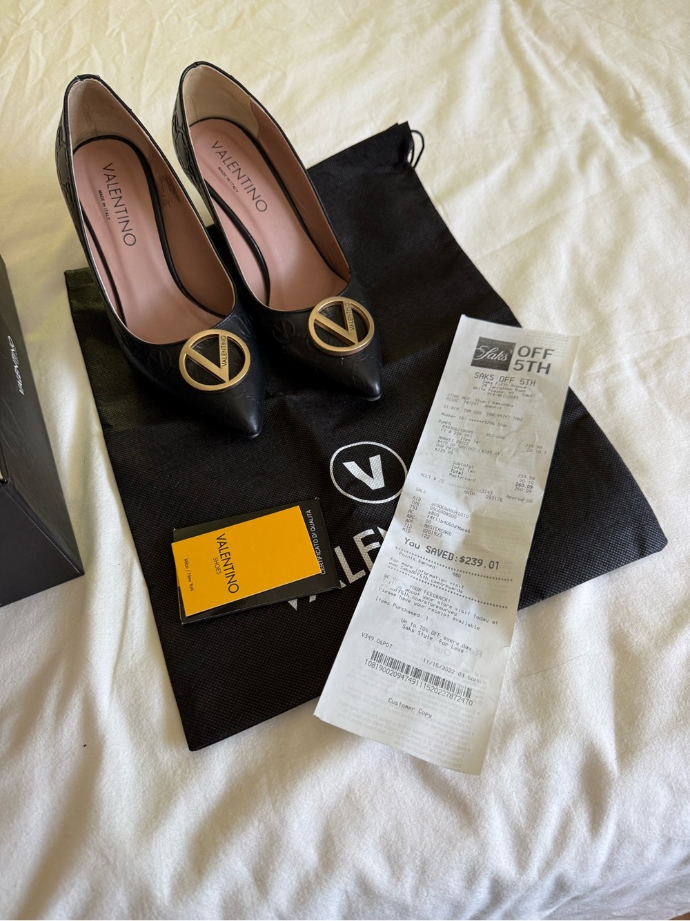 Mario Valentino Black Pointed-Toe Pumps with Gold V Emblems
